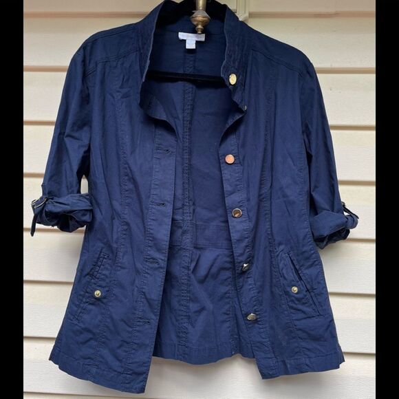 Charter Club dark blue light jacket, side pockets, gold tone buttons, M - Picture 1 of 8